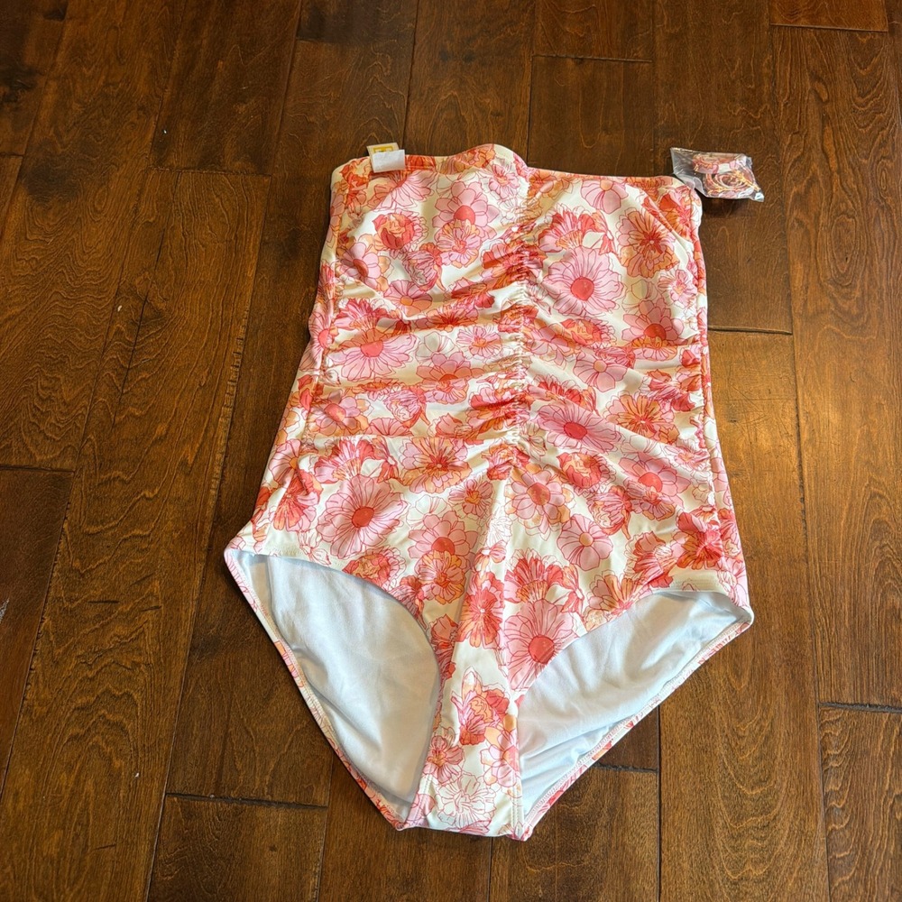 Shade & Shore Pink Floral Bandeau Ruched One Piece Swimsuit Large New